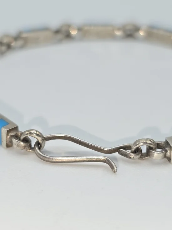 VTG Sterling Silver Turquoise Inlay Link Bracelet 7.5" Southwestern Zuni Style - Picture 5 of 10